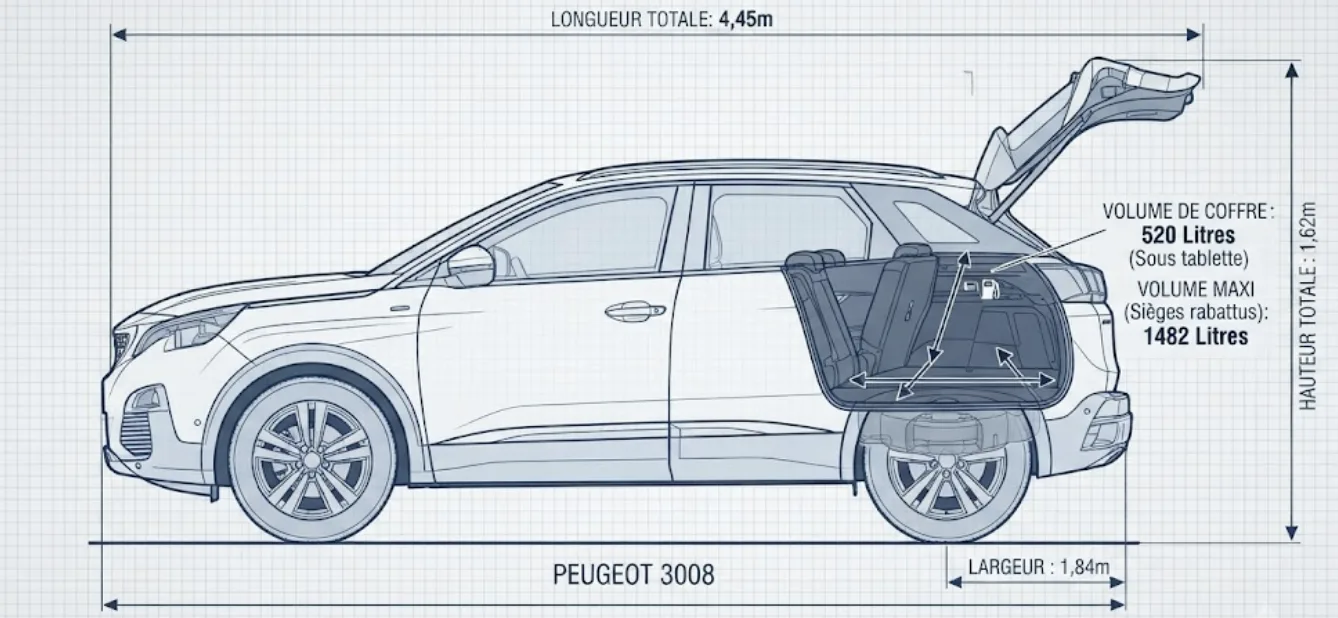 Dimensions Peugeot 3008 : longueur, coffre et habitabilité